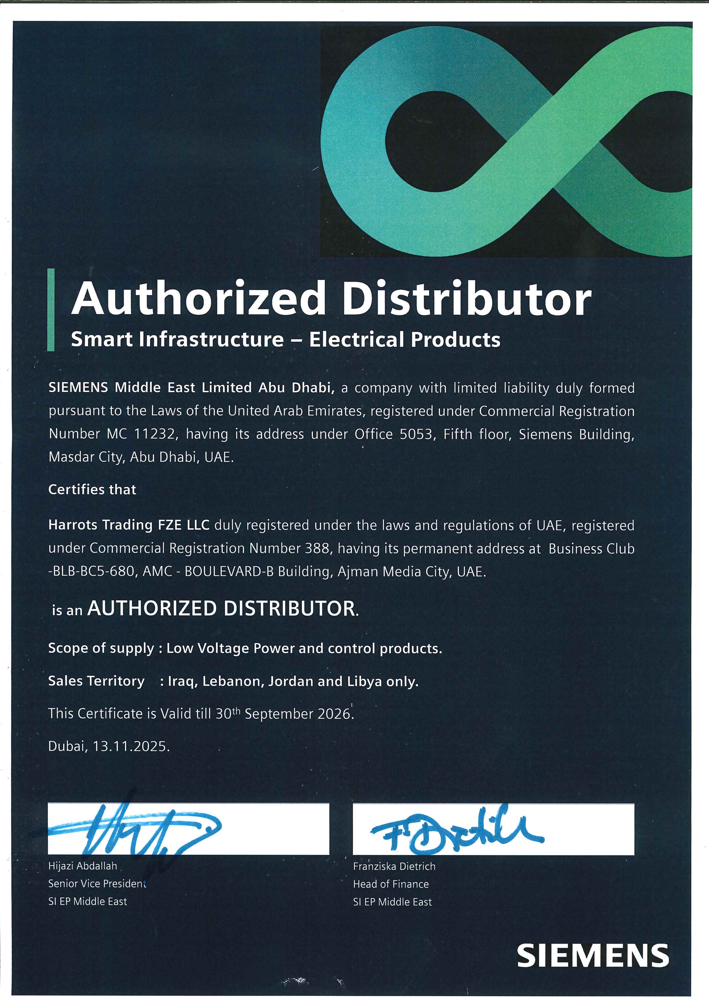 Siemens Authorized Distributor certificate